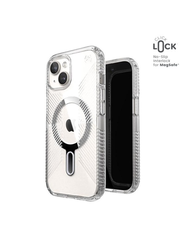 Speck Presidio Perfect-Clear Grip ClickLock & MagSafe - iPhone 17e / 16e / 15 / 14 / 13 Case - Clear / Chrome Finish / Serene Silver