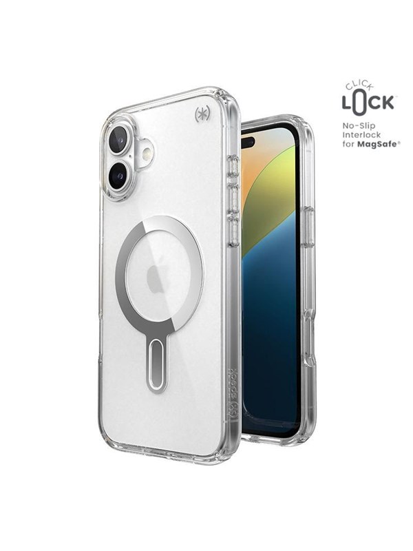 Speck Presidio Perfect-Clear ClickLock & MagSafe - iPhone 16 Plus Case - Clear / Chrome Finish / Serene Silver