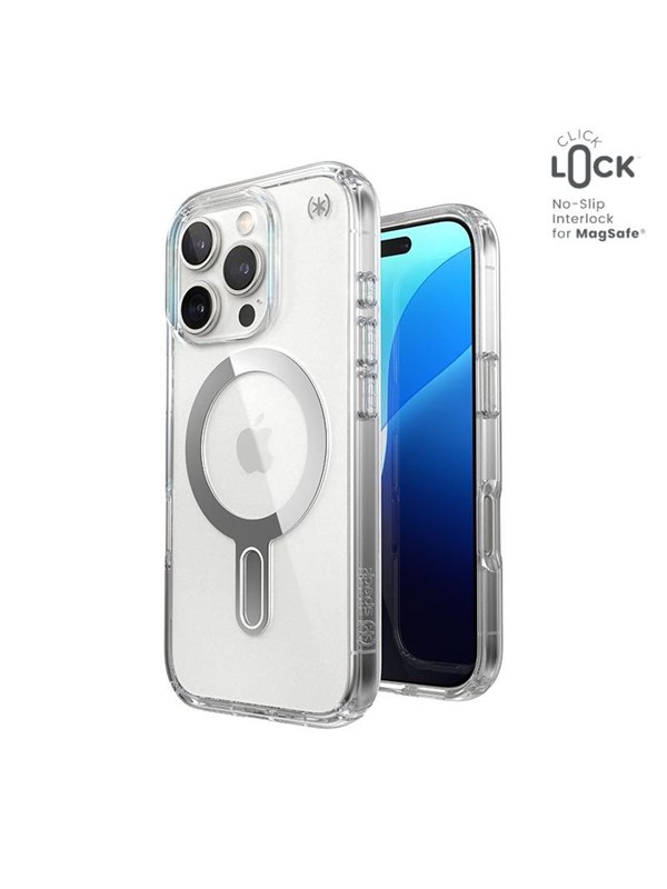 Speck Presidio Perfect-Clear ClickLock & MagSafe - iPhone 16 Pro Case - Clear / Chrome Finish / Serene Silver