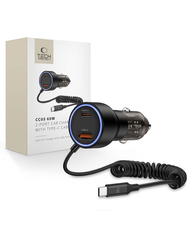 Tech-Protect CC05 Car Charger 2-Ports PD60W + USB-C Cable - Black