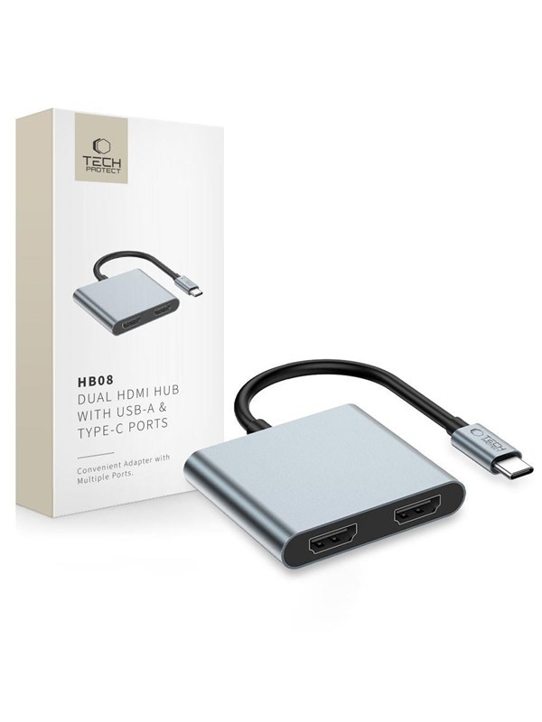 Tech-Protect HB08 4-in-1 USB-C + USB2.0 + 2 x HDMI 4K 60HZ Adapter - Grey USB hub - 2 porttia - USB 2.0 - Harmaa