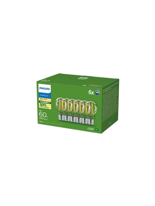 Philips LED-lamppu Ultra Efficient A60 4W/827 (60W) Clear 6-pack E27