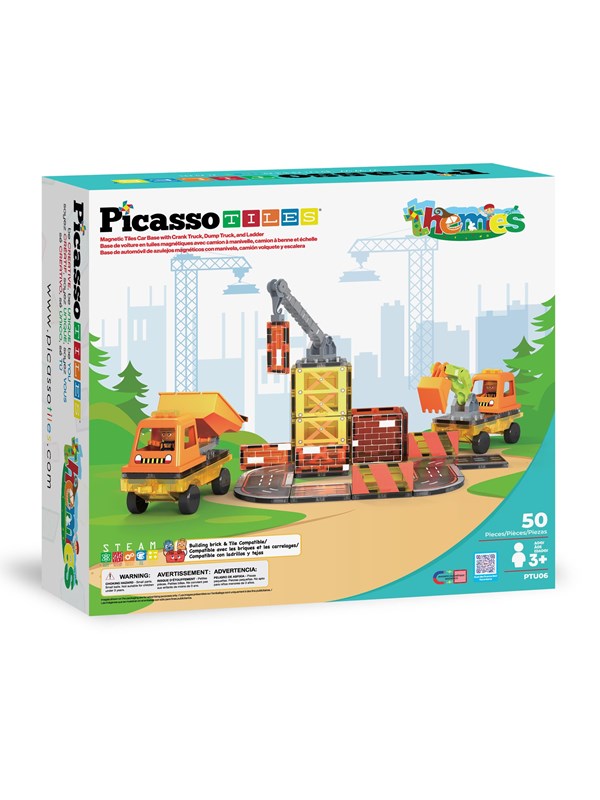 PicassoTiles 5-in-1 Rakennuskoneet ja rakennustyömaa - magneettinen rakennussarja - 50 osaa