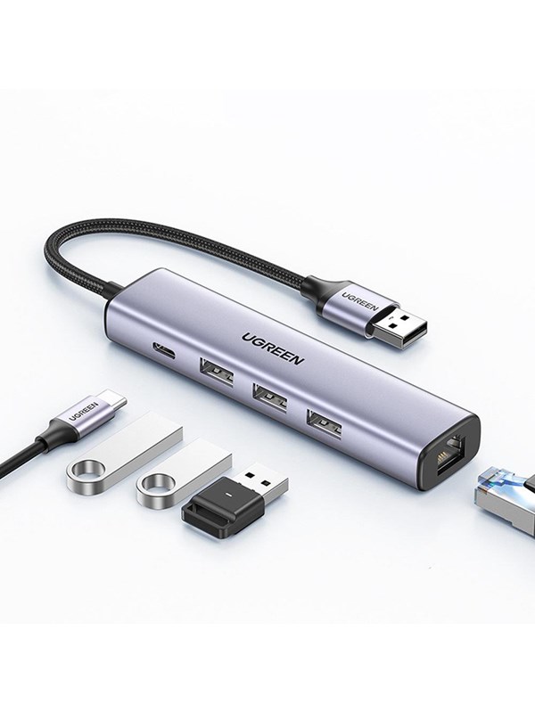 UGREEN CM475 Multifunction HUB / USB 3.0 - 3 x USB / 1x Eth. RJ-45 / USB-C PD USB hub - 4 porttia - USB 3.0 - Harmaa