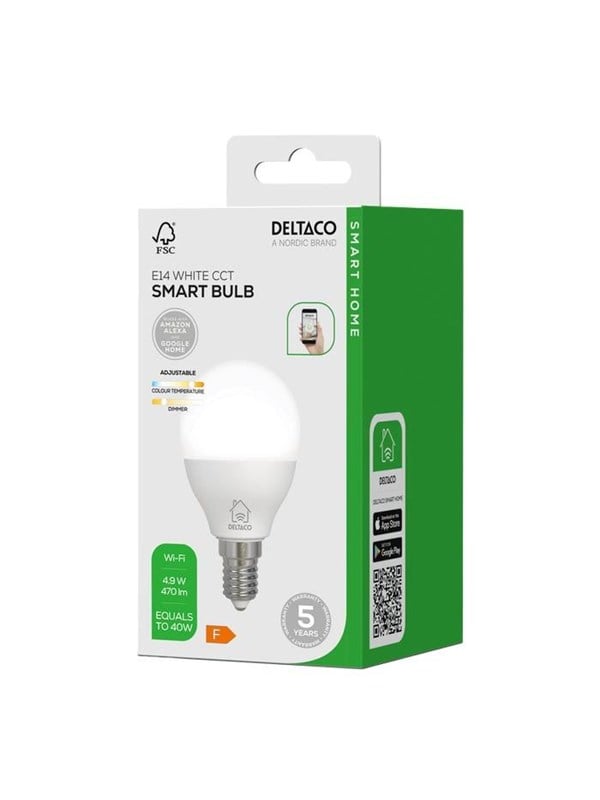 Deltaco LED-lamppu, E14, himmennettävä, 2700K-6500K, G45, 4,9W, WiFi