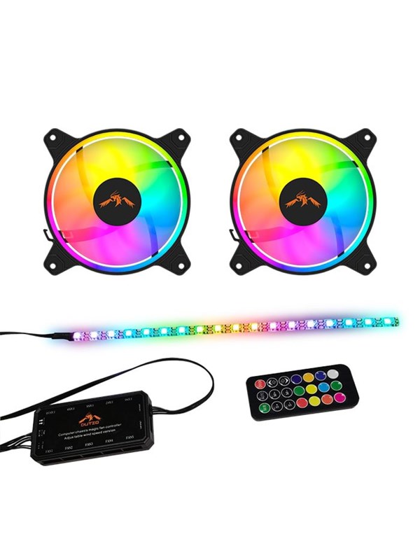 DUTZO RGB Kit 2 - 2x tuuletin + 1x LED-nauha + kaukosäädin ja ohjain - 120mm - Musta RGB LED valolla - 24 dBA