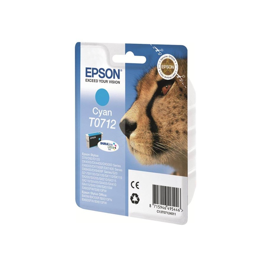 Mustepatruunat, värikasetit ja lisävarusteet - Epson T0712 - Syaani muste - Mustepatruuna Syaani - C13T07124010