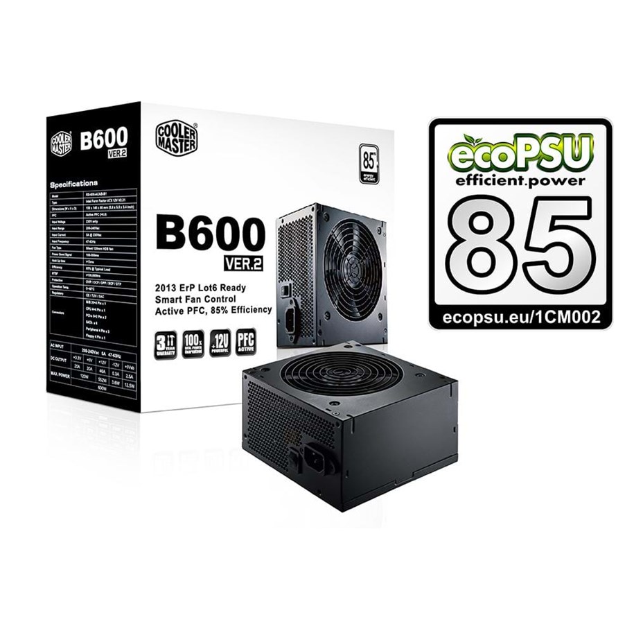 Virtalähde - Cooler Master B600 ver.2 Virtalähde - 600 Watt - 120 mm - ATX - 80 Plus Valkoinen sertifioitu - RS600-ACABB1-EU