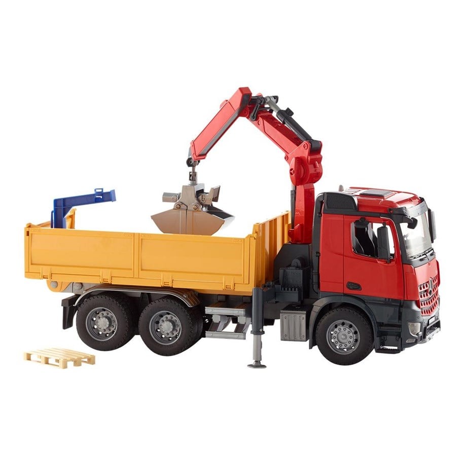 Leluautot - Bruder MB Arocs rakennuskuorma-auto nosturilla, kuorikauhoilla + 2 lavaa - 03651