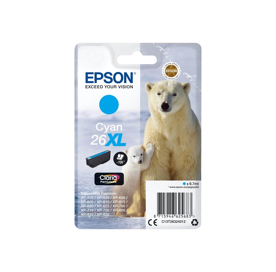 Mustepatruunat, värikasetit ja lisävarusteet - Epson 26XL - Syaani-muste - C13T26324022
