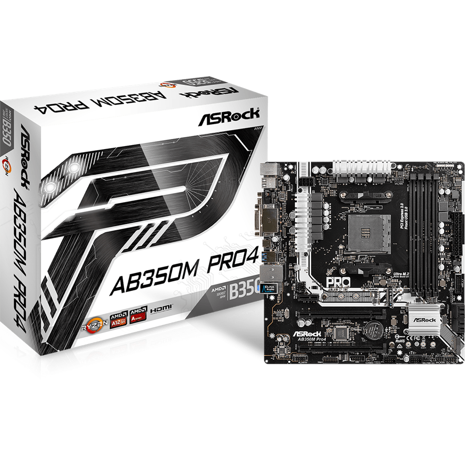 Emolevy - ASRock AB350M Pro4 Emolevy - AMD B350 - AMD AM4 socket - DDR4 RAM - Micro-ATX - AB350M PRO4