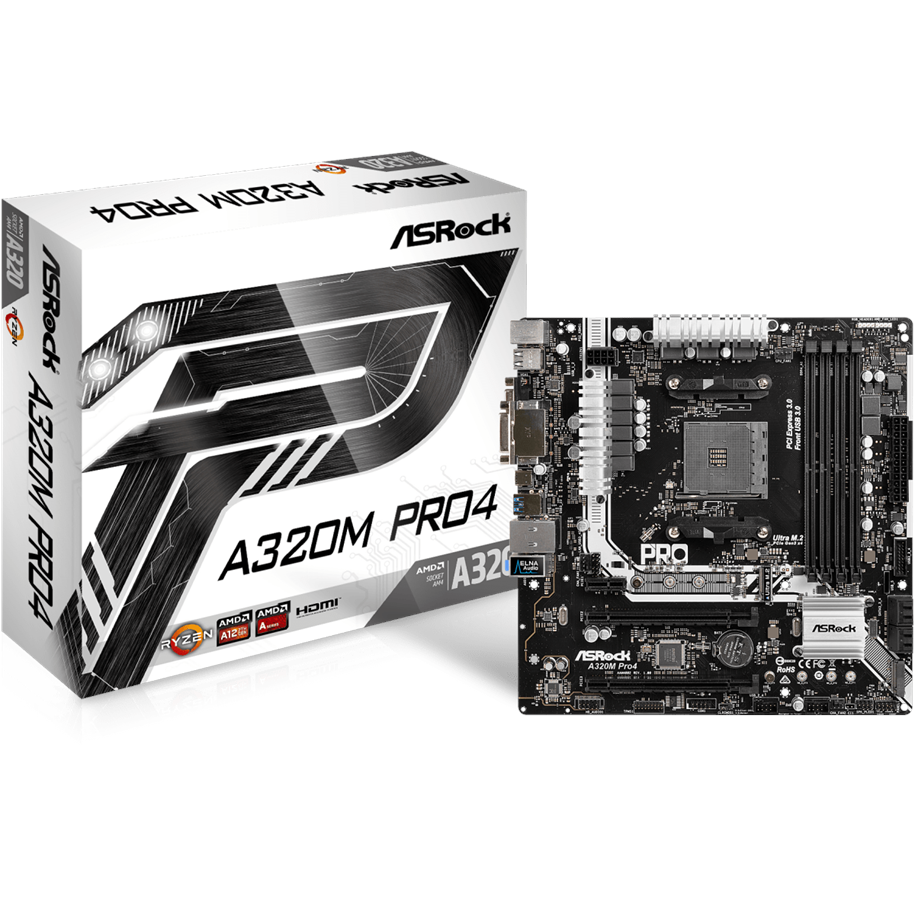 Emolevy - ASRock A320M Pro4 Emolevy - AMD A320 - AMD AM4 socket - DDR4 RAM - Micro-ATX - A320M PRO4