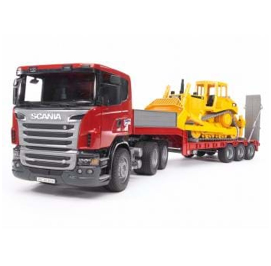 Leluautot - Bruder Scania R-Series Low loader truck with CAT Bulldoze - 3555