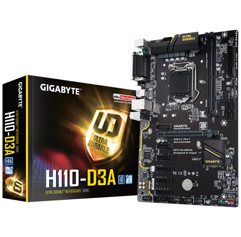 Emolevy - GIGABYTE GA-H110-D3A MINING Emolevy - Intel H110 Express - Intel LGA1151 socket - DDR4 RAM - ATX - GA-H110-D3A