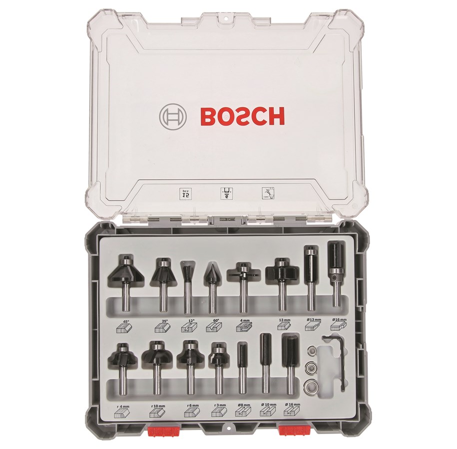 Jyrsimet - Bosch Jyrsinteräsarja, 15 kpl:n valikoima, 6 mm:n kara 15-piece Mixed Application Router Bit Set. - 2607017471