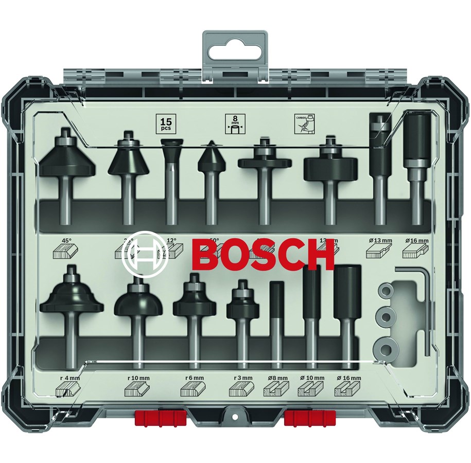 Jyrsimet - Bosch Jyrsinteräsarja, 15 kpl:n valikoima, 1/4 tuuman kara 15-piece Mixed Application Router Bit Set. - 2607017473