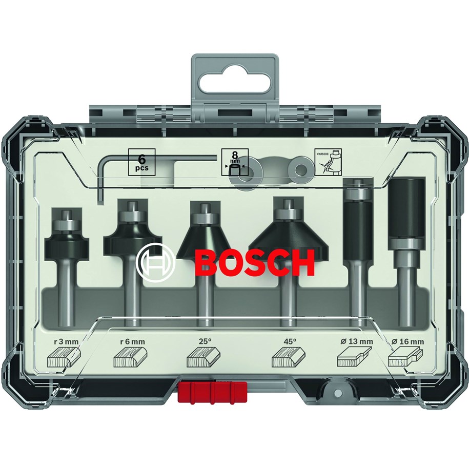 Jyrsimet - Bosch Jyrsinteräsarja, 6 kpl, tasaukseen ja reunaukseen, 1/4 tuuman kara 6-piece Trim and Edging Router Bit Set with 1/4" shank diameter. - 2607017470