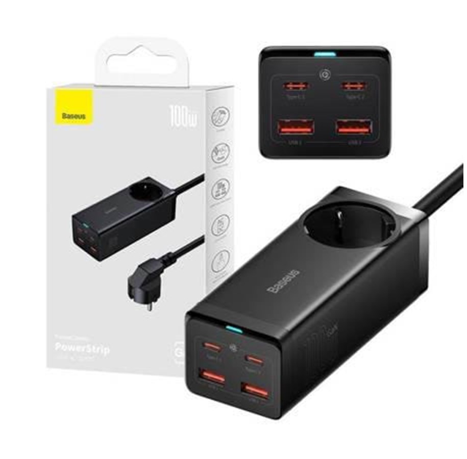 USB hub - Baseus GaN3 Pro wall charger / powerstrip 2xUSB + 2xUSB-C + AC 100W (black) USB hub - 5 porttia - Musta - PSZM000401