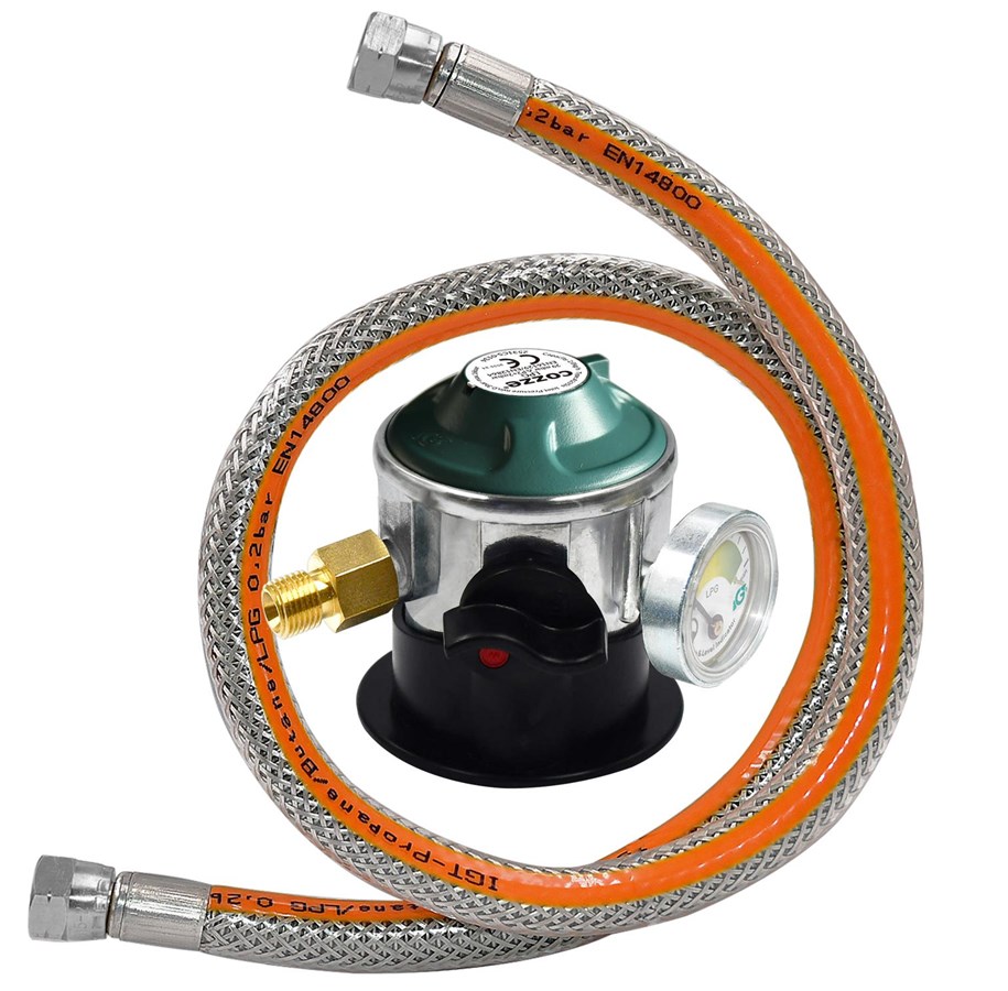 Grillit ja tarvikkeet - cozze Regulator w/manometer 30 BAR DK-NO-FI-IS 1.1M Steel flex hose Safety manometer for "leak" test. Easy 1/4" thread mounting. - 90800