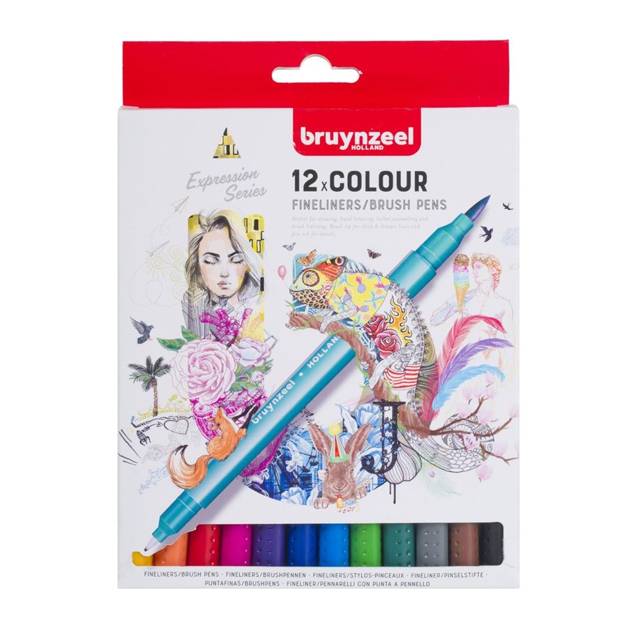 Kirjoitus- ja piirustustarvikkeet - Bruynzeel Fineliner Brush Pens 12 pcs. - 60325012