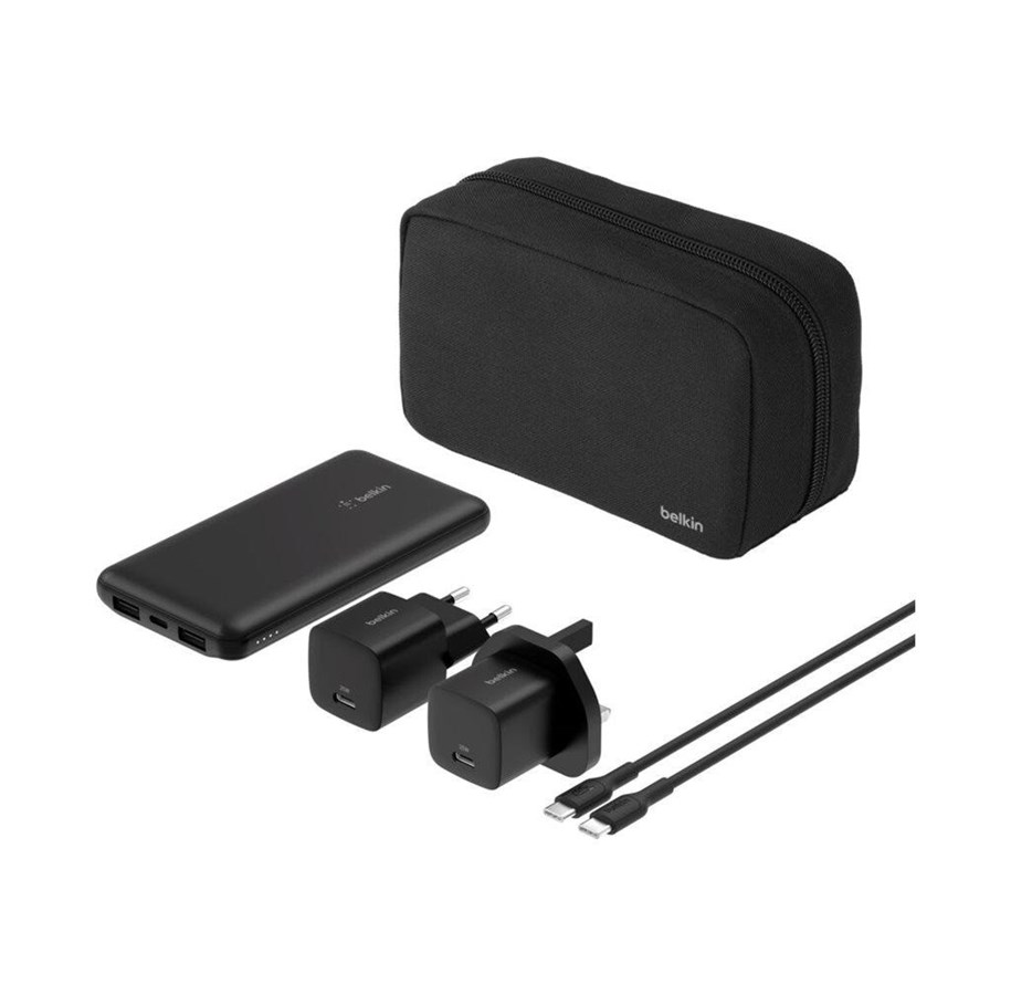 Powerbank - Belkin BoostCharge power bank - + AC power adapter - 24 pin USB-C 2 x USB - with zippered pouch case - 10000 mAh - BU041HQBK