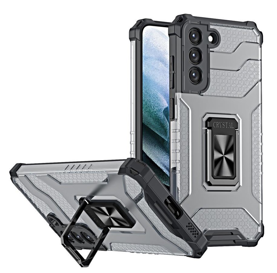 Puhelin - Kannet ja kotelot - Hurtel Crystal Ring Case Tough Hybrid Cover + Magnetic Holder for Samsung Galaxy S22 + (S22 Plus) Black - 5907769337383