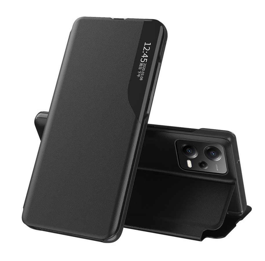 Puhelin - Kannet ja kotelot - Hurtel Eco Leather View Case for Xiaomi Redmi Note 12 Pro+ with Flip Stand Black - 9145576275801