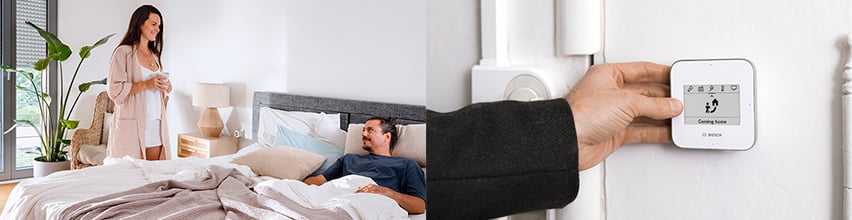 Pariskunta makuuhuoneessa ja käsi painaa Bosch Smart Home Universal Switch II -kytkintä aktivoidulla Coming home -skenaariolla