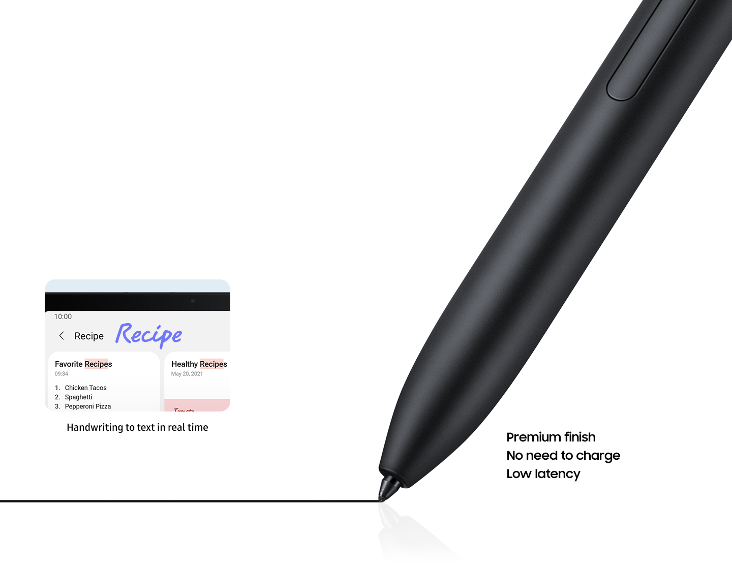 Lähikuvassa on S Pen, jolla kirjoitetaan. Kynä jättää jälkeensä mustan merkin. Samsung Notesin hakukentän pienoiskuvassa näkyy ruokaohje. Ruokaohje-sana on kirjoitettu käsin ja se muunnetaan tekstiksi. Tekstissä lukee: Käsin kirjoitettu tekstiksi reaaliajassa, Premium-muotoilu, Ei vaadi latausta, Alhainen viive.