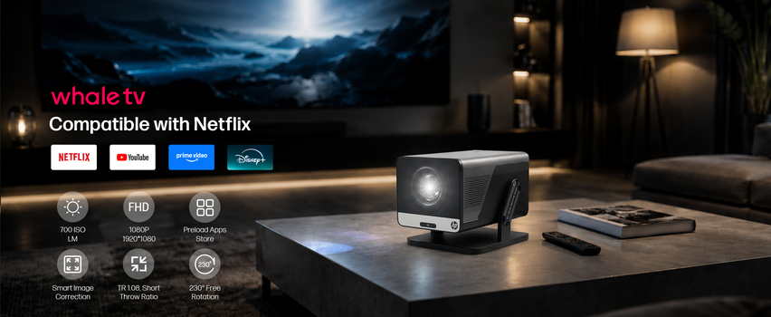 HP Whale TV älyprojektori – yhteensopiva Netflixin, YouTuben, Prime Videon ja Disney+:n kanssa – FHD 1080p ja 230° kierto