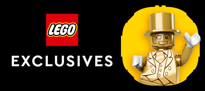 LEGO Exclusives -banneri, jossa LEGO-logo ja kullanvärinen Mr. Gold -minifiguuri silinterihatussa ja monokkelissa