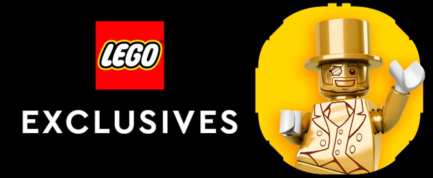 LEGO Exclusives -banneri, jossa LEGO-logo ja kullanvärinen Mr. Gold -minifiguuri silinterihatussa ja monokkelissa