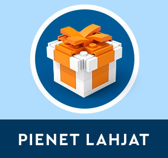 LEGO pienet lahjat – valkoisista ja oransseista LEGO-palikoista rakennettu lahjapaketti rusetilla