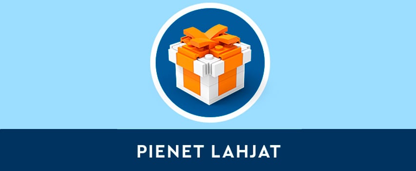 LEGO pienet lahjat – valkoisista ja oransseista LEGO-palikoista rakennettu lahjapaketti rusetilla