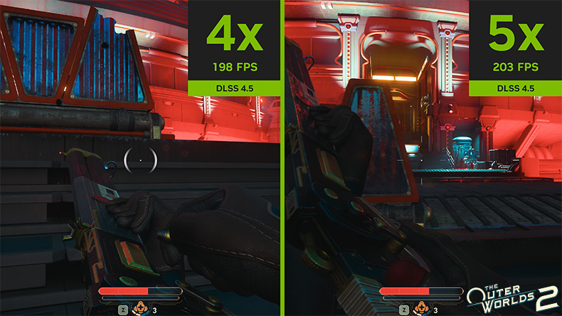 The Outer Worlds 2 jaetun näytön vertailu: DLSS 4.5 dynaaminen freimin monimuodostus 4x 198 FPS vs. 5x 203 FPS