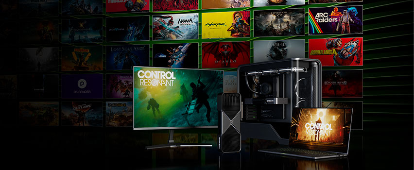 GeForce RTX 50 -sarjan näytönohjain, pöytätietokone ja kannettava tietokone, joissa näkyy CONTROL Resonant sekä DLSS 4.5 -tuettujen pelien kansikuvat