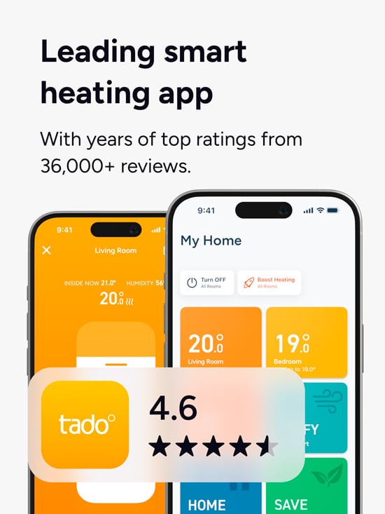 tado° älylämmityssovellus kahdessa älypuhelimessa, arvosana 4,6 tähteä yli 36 000 arvostelusta