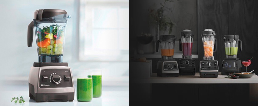 Vitamix tehosekoitin täynnä tuoreita vihanneksia ja vihreitä mehua neljän eri Vitamix-mallin vieressä värikkyillä smoothieilla