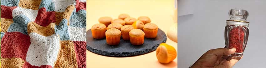 Käsintehty viltti, itse leivotut muffinssit ja omatekoinen mausteseos kertovat huolenpidosta.