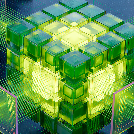 Hehkuvat vihreät 3D-kuutiot, jotka kuvaavat NVIDIA RTX Sparkia tekoäly-PC:n uutena standardina